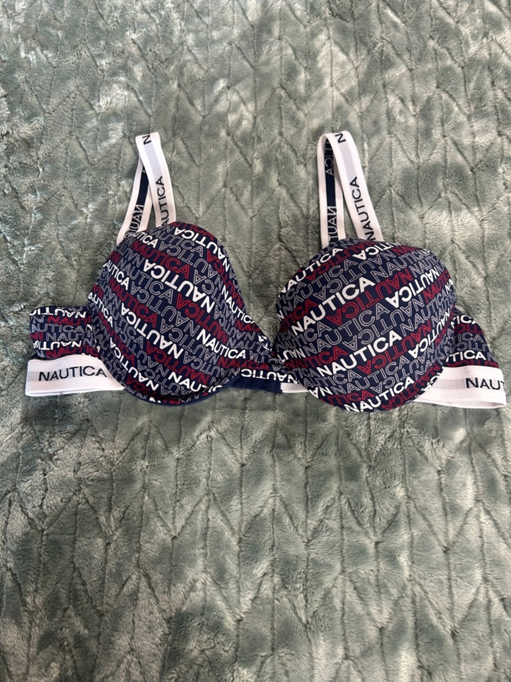 Nautica Navy Logo Print Push-Up Underwire Bra with White Straps